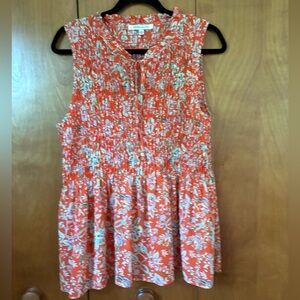 Rose + Olive Vibrant Orange Sleeveless Shirred Tie Top Feminine Like New Large